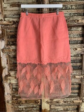Coral Embroidered Leaf Lace Hem Midi Skirt, 100% linen, Sheer Bottom, 12